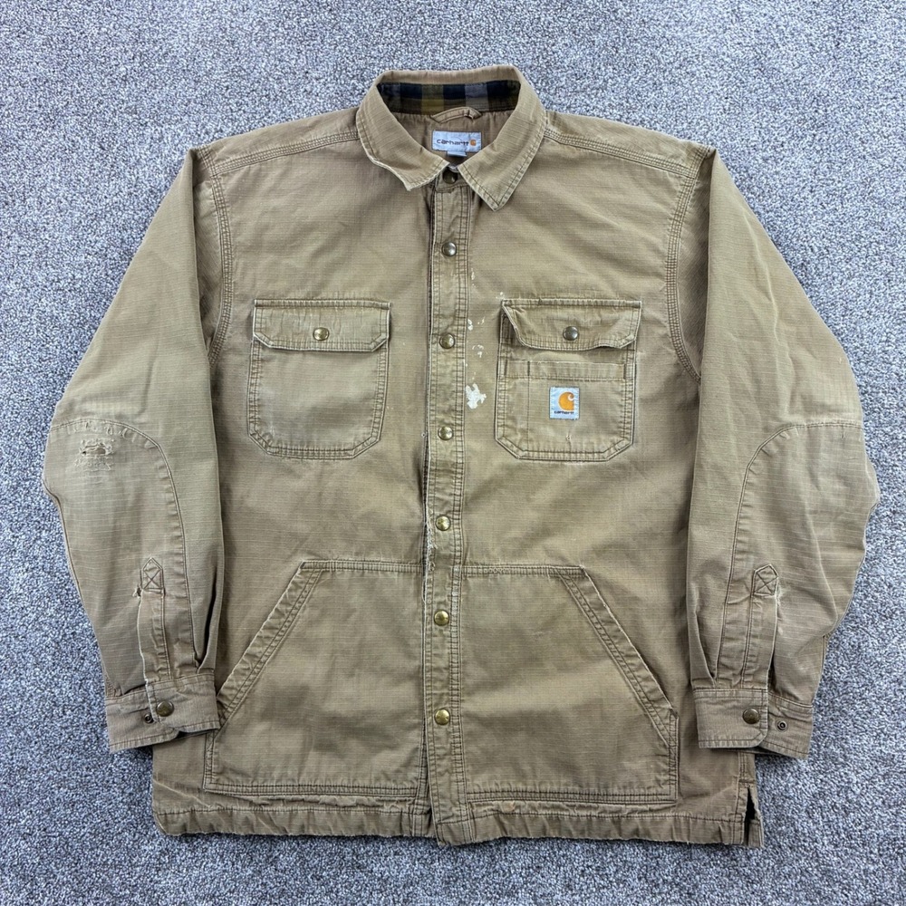 Carhartt Ripstop Solid Shirt Jacket Mens Large Tan Flannel Lined 104146 CBR